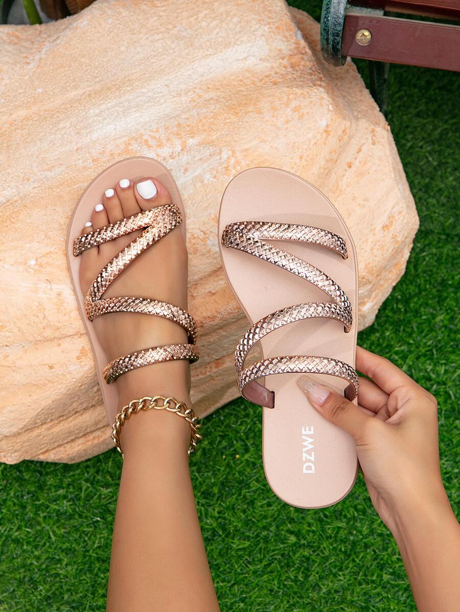Fashion Champagne Slippers For Women, Geometric Embossed Multi Strap Slides - Champagne - View 1