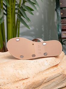 Fashion Champagne Slippers For Women, Geometric Embossed Multi Strap Slides - Champagne - View 6