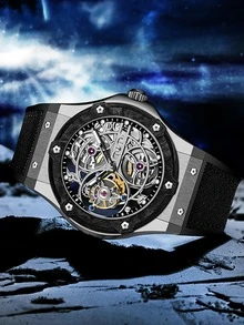 Haofa 1pc Black Rubber Strap Fashionable Tourbillon Water Resistant Hollow Out Round Dial Mechanical Watch, For Daily Decoration - Black - View 2