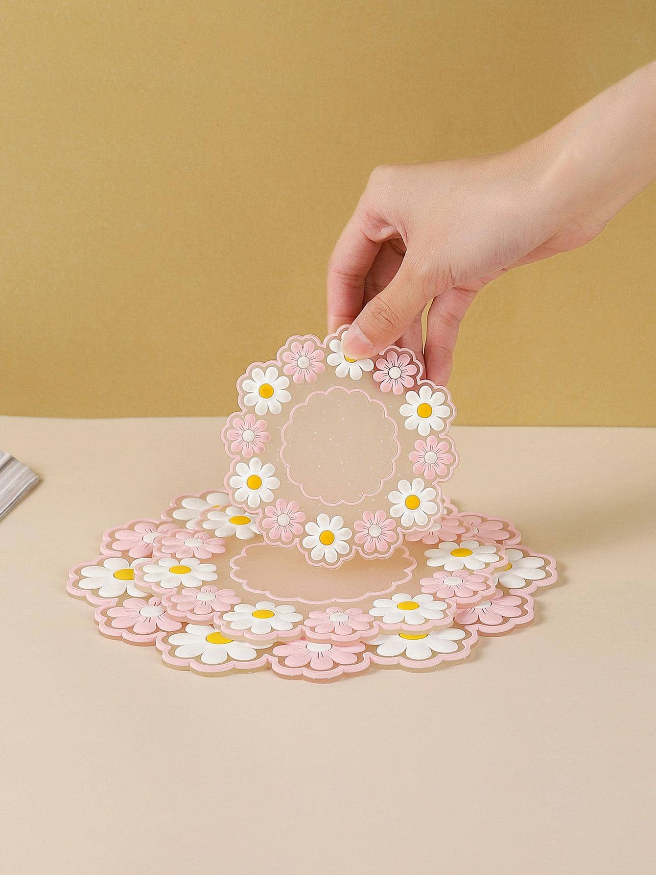 1入組花朵設計杯墊 - 粉色 - 查看 1