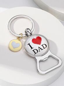 1pc Men Letter & Heart Pattern Beer Opener & Round Charm Fashion Keychain For Father's Day Gift - Silver - View 3