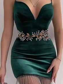 水鑽和花朵裝飾婚禮腰帶 - 金色 - 查看 2