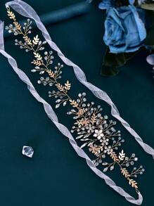 水鑽和花朵裝飾婚禮腰帶 - 金色 - 查看 4