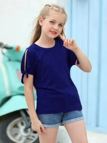 Tween Girl Summer Knot Cuff Solid Tee