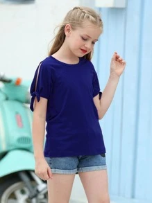 Tween Girl Summer Knot Cuff Solid Tee