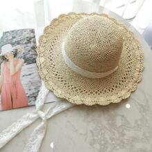 1入組女性蝴蝶結裝飾貝殼邊防曬波西m亞草編帽適用於戶外遊玩 - 米色 - 查看 3