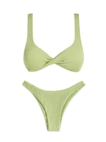 素色前扭結比基尼泳裝 - 綠色 - 查看 1