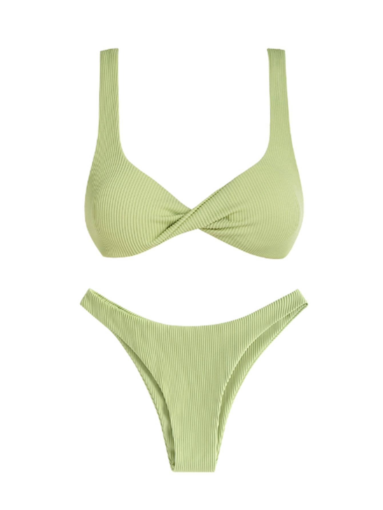素色前扭結比基尼泳裝 - 綠色 - 查看 1