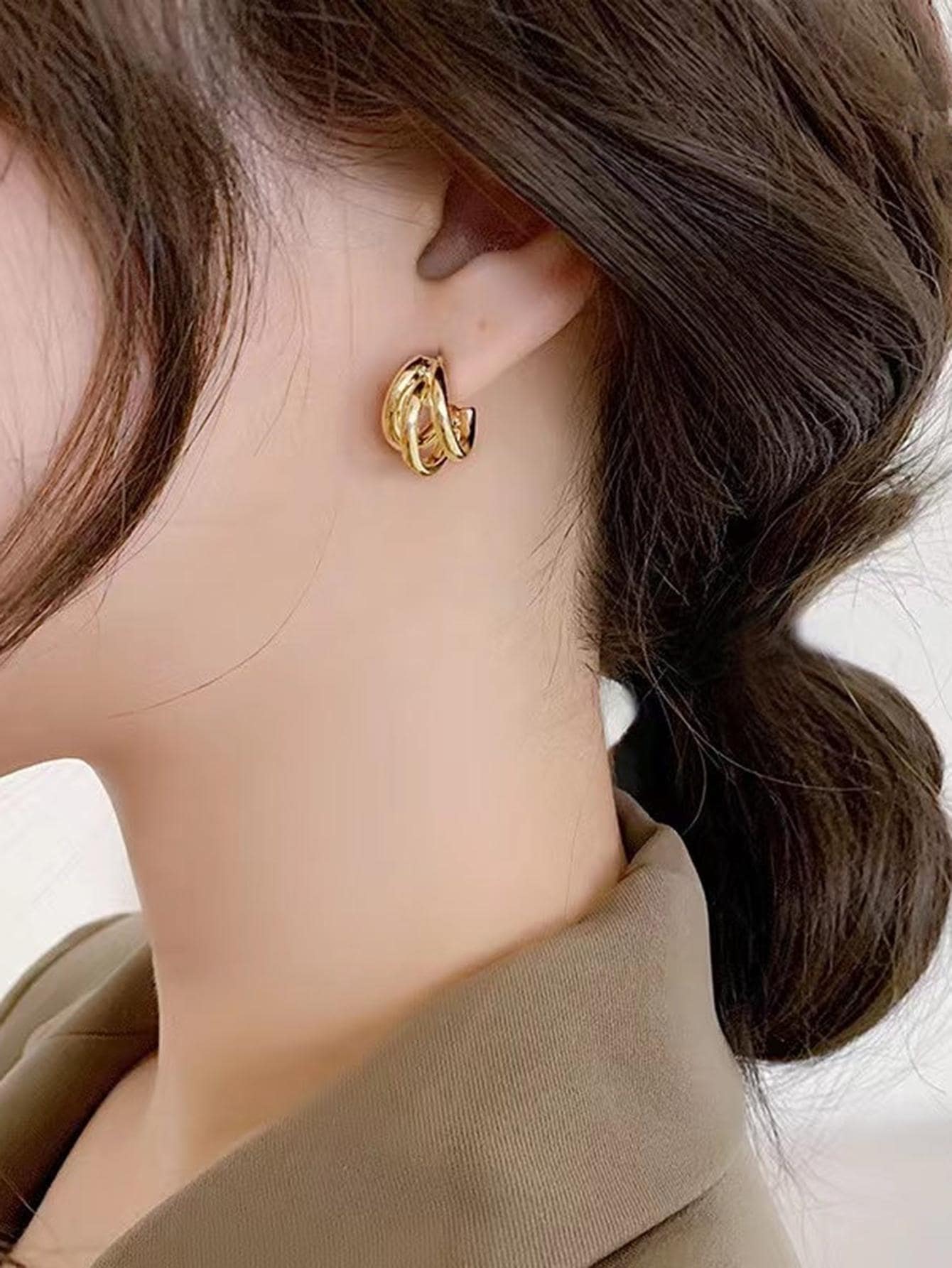 鏤空圓耳環 - 金黃色 - 查看 1