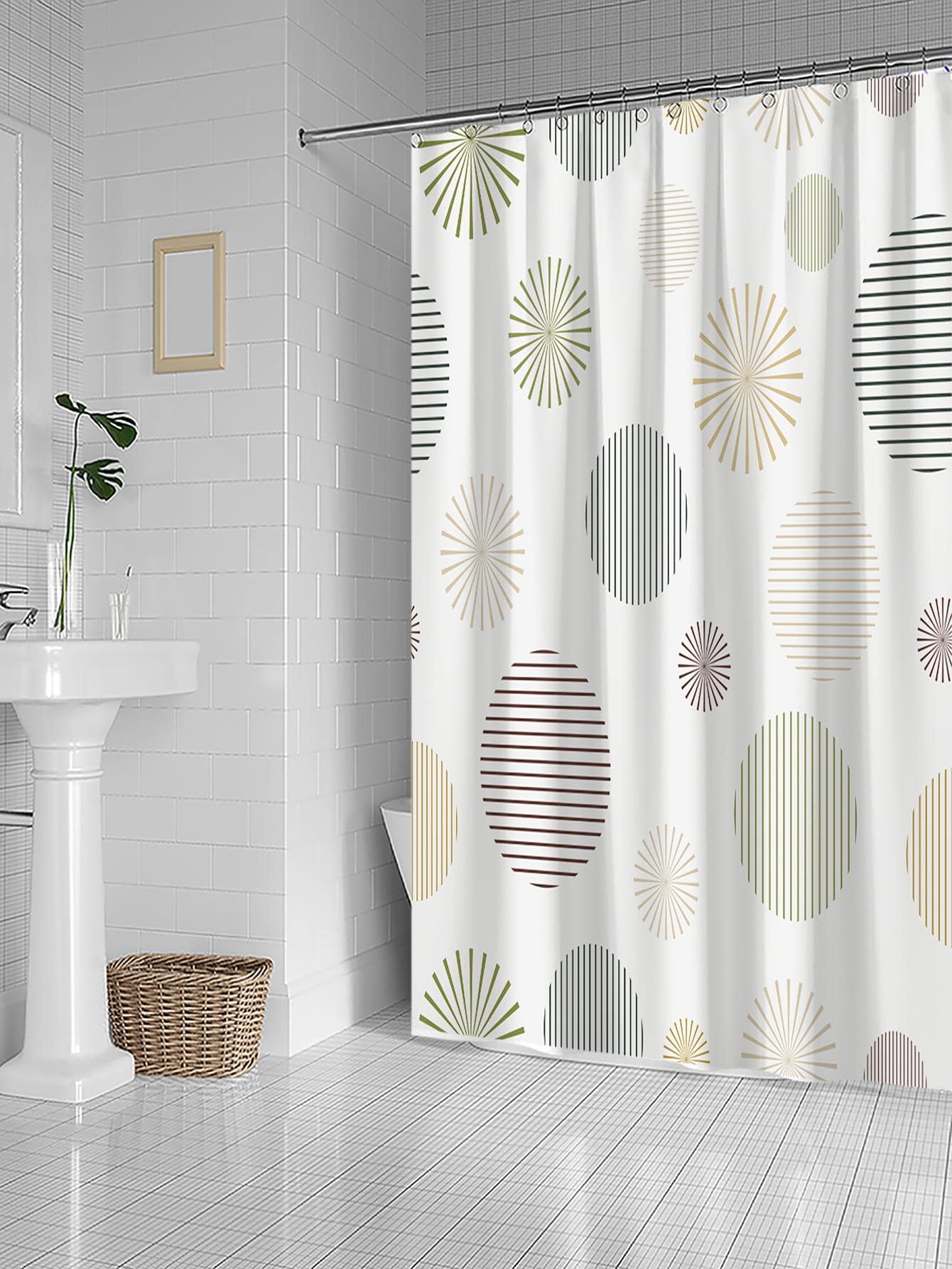 1pc Geometric Pattern Shower Curtain, Modern Polyester Waterproof Shower Curtain For Bathroom - Multicolor - View 1