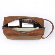 Waterproof Cosmetic Bag with Genuine Leather ,Zipper Pouch Portable Travel Toiletry Bag Organizer Case for storing cosmetics, beauty tools, Shampoo, Conditioner, Soap and Other Bathroom Accessories and more - 卡其色 - 查看 3