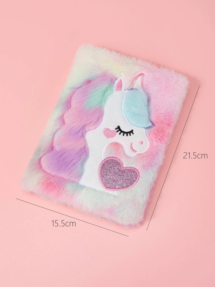 1pc Plush Notebook With Heart-shaped Embroidery And Cartoon Unicorn Cover - Multicolor - View 4