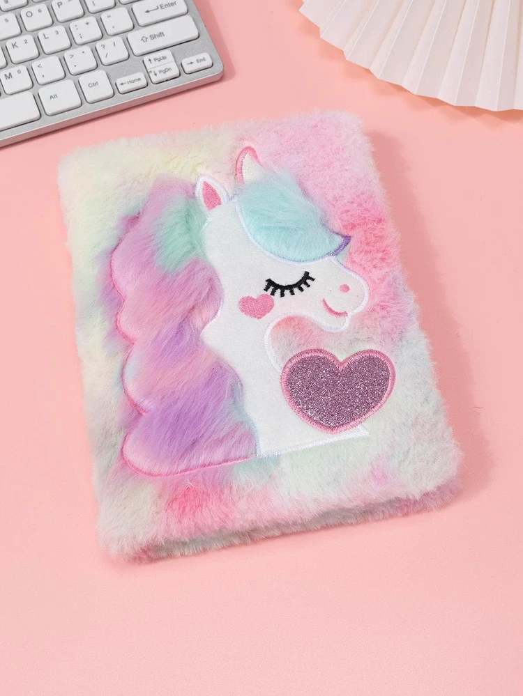1pc Plush Notebook With Heart-shaped Embroidery And Cartoon Unicorn Cover - Multicolor - View 1