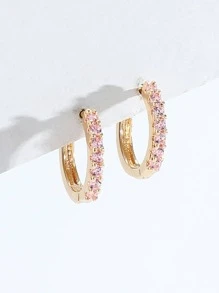 1pair Cubic Zirconia Cooper Mini Hoop Earrings For Women - Pink - View 2