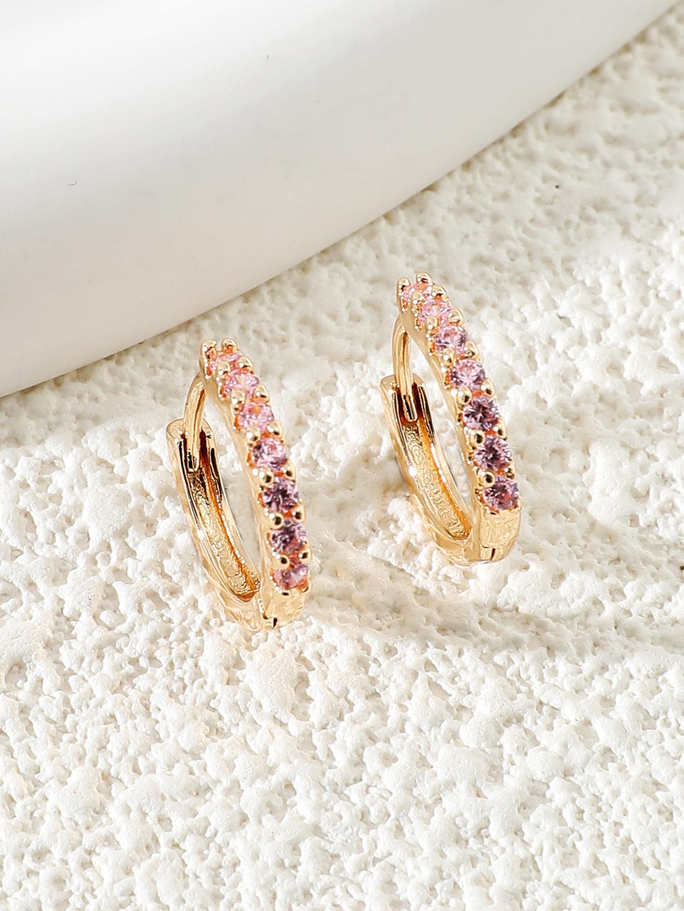 1pair Cubic Zirconia Cooper Mini Hoop Earrings For Women - Pink - View 1