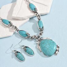 3入組派對禮物古銀合金雕花鑲嵌綠松石石珠裝飾套裝,適用於女性度假海灘珠寶