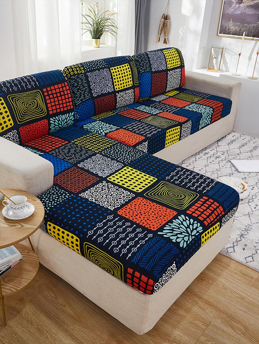 1片式涼感沙發墊套,幾何圖案彈性伸展,不滑動,家用沙發保護套 - 彩色 - 查看 1