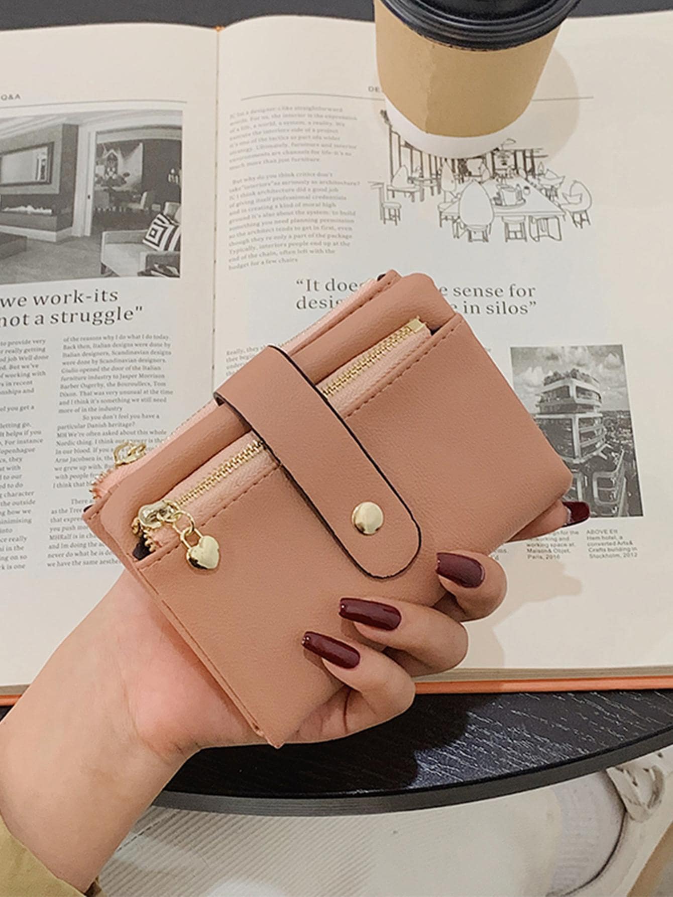 Litchi Embossed Snap Button Pink For Women Wallet Purse Wallet Small Wallet - Pink - View 1