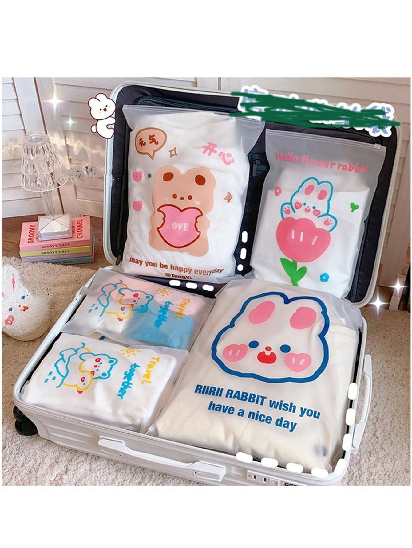 1 pieza Bolso EVA almacenamiento moderno con dibujos animados con estampado de conejo y slogan polvo para doméstico - transparente - Ver 1