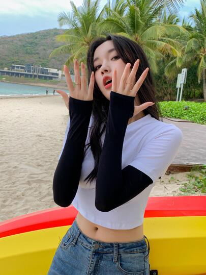 1pair Women's Solid Color Ice Silk Arm Sleeves For Sun Protection & Outdoor Activities, Spring/Summer Halloweeny2k