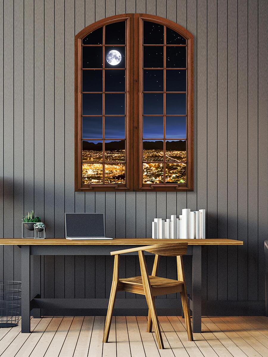 1set PVC Wall Decal, Window & Moon Pattern Wall Sticker For Home - Multicolor - View 1