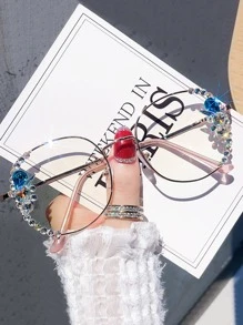 Rhinestone Decor Kính mắt Geo Frame - Vàng - Xem 1