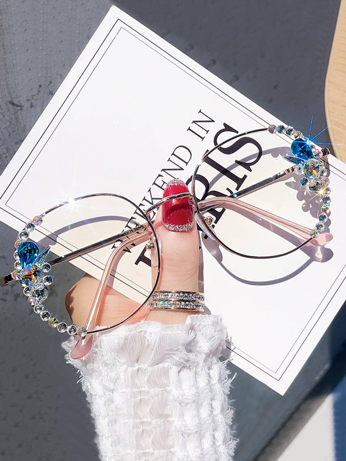 Rhinestone Decor Kính mắt Geo Frame - Vàng - Xem 1