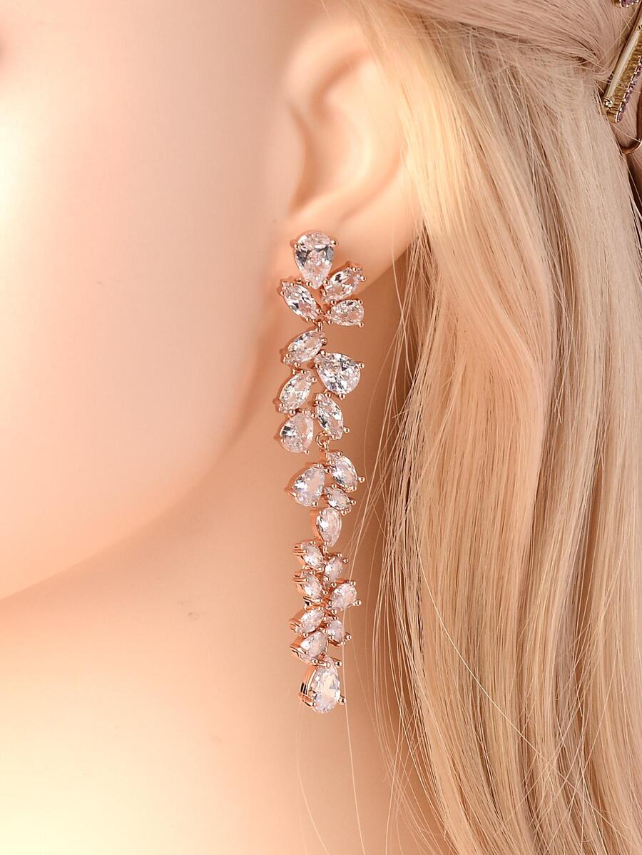 1雙女性方晶鋯石裝飾浪漫耳墜適合婚禮 - 銅色 - 查看 1