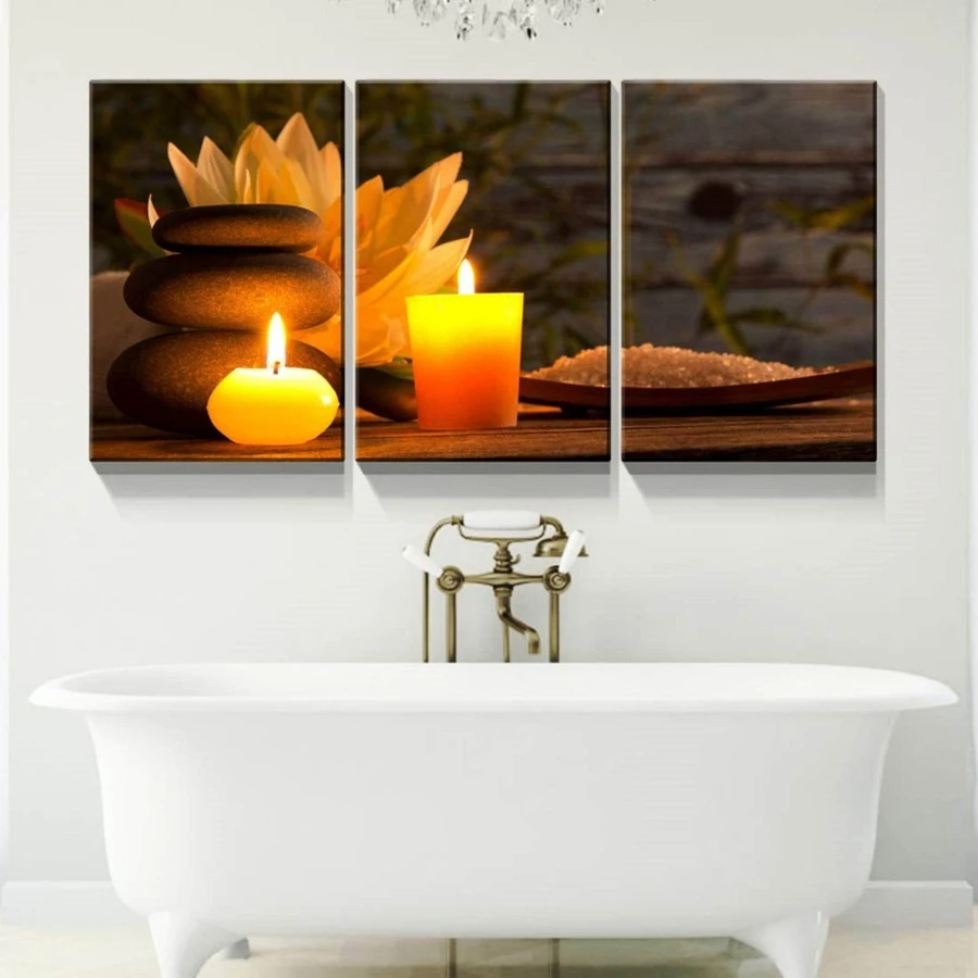 3 Piece Canvas Wall Art - Spa Still Life with Aromatic Candles and Zen Stones - Modern Home Art Stretched and Framed Ready to Hang - 藝術品-01 - 查看 1