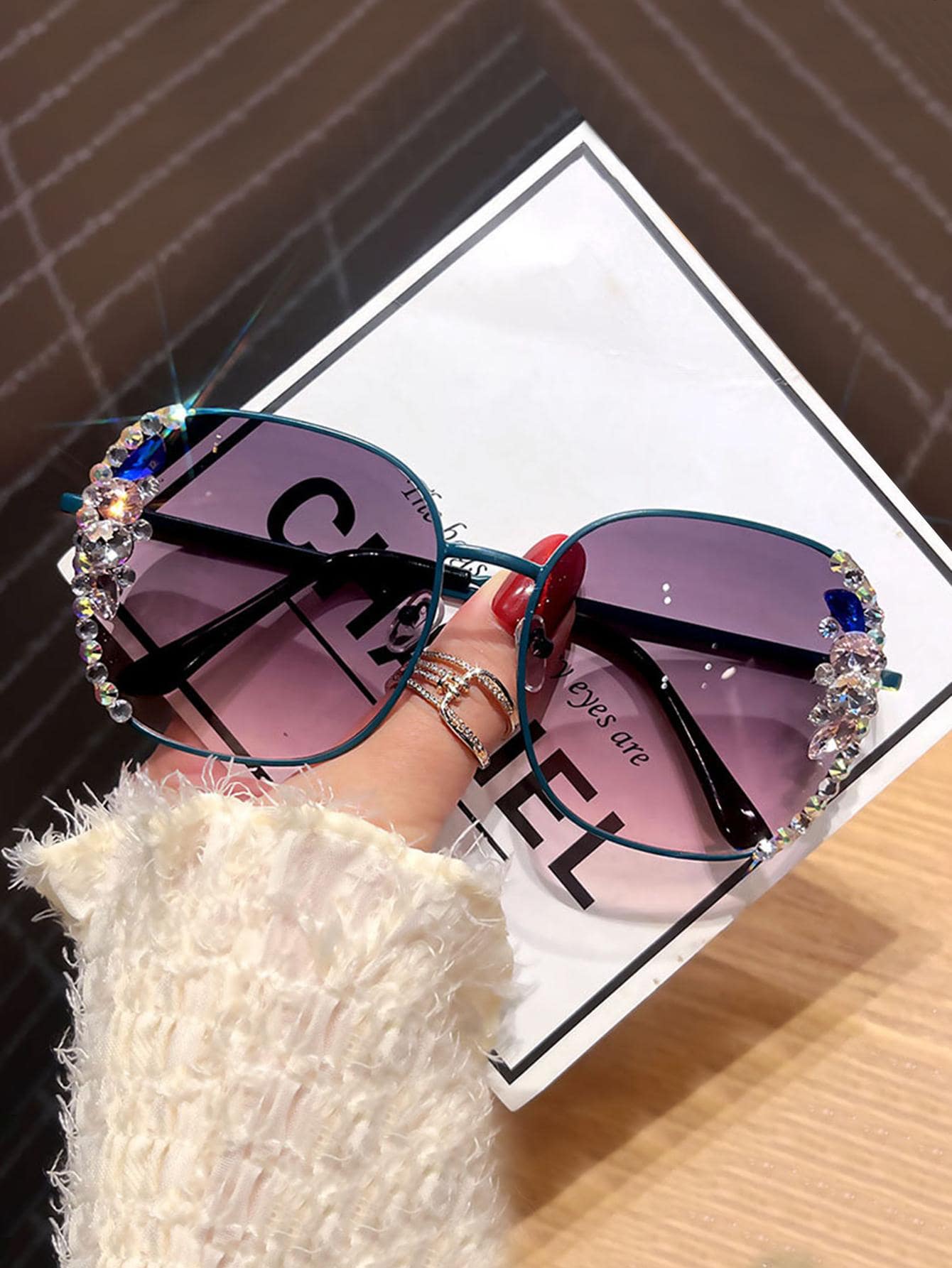 1pair Women Rhinestone Decor Square Frame Boho Fashion Glasses For Daily Life - Ombre - View 1