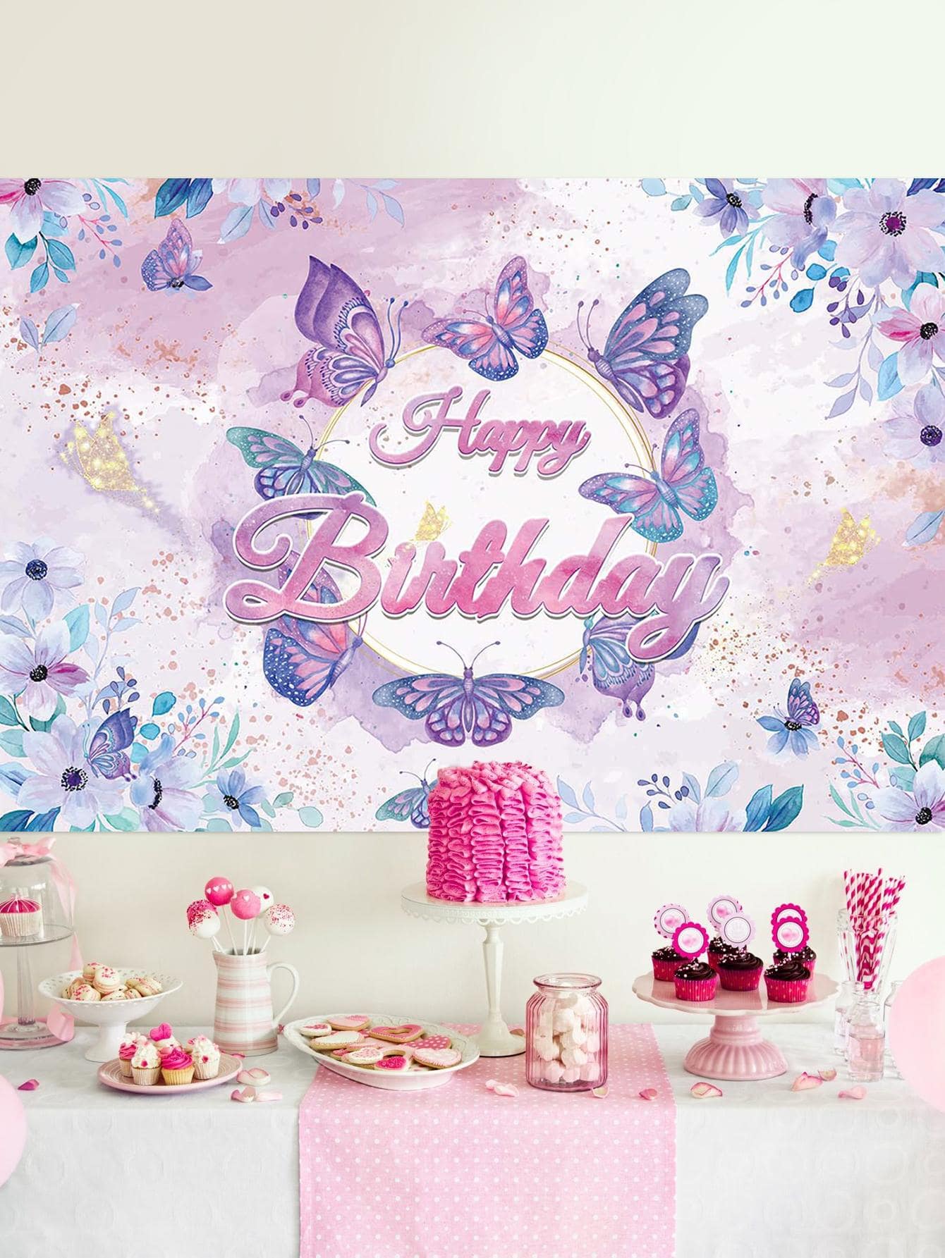 1 pieza Tela de fondo con estampado de mariposa y slogan - Multicolor - Ver 1