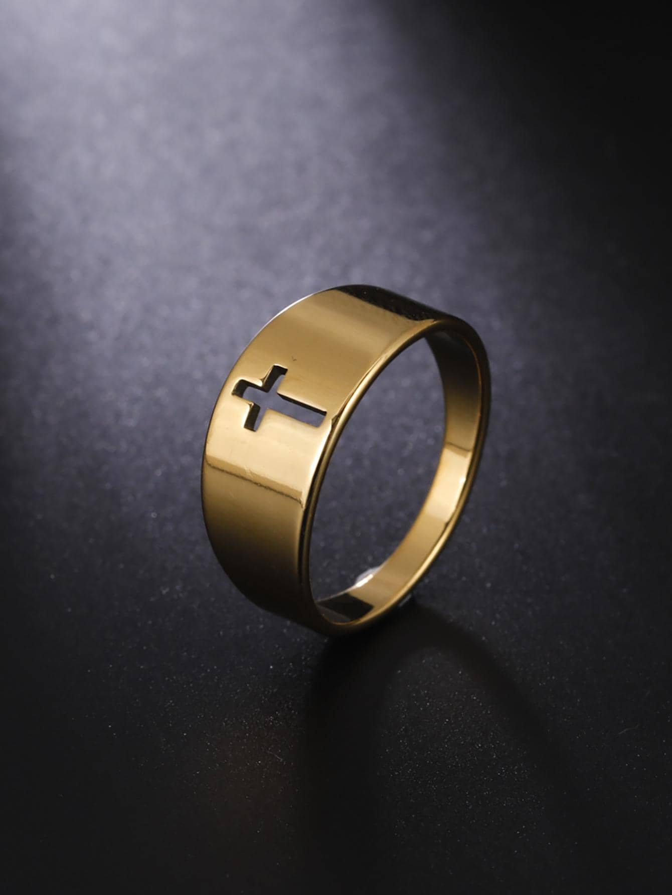 Anillo de detalle cruzado para hombre, regalo de joyería de acero inoxidable para hombre a la moda - Dorado - Ver 1