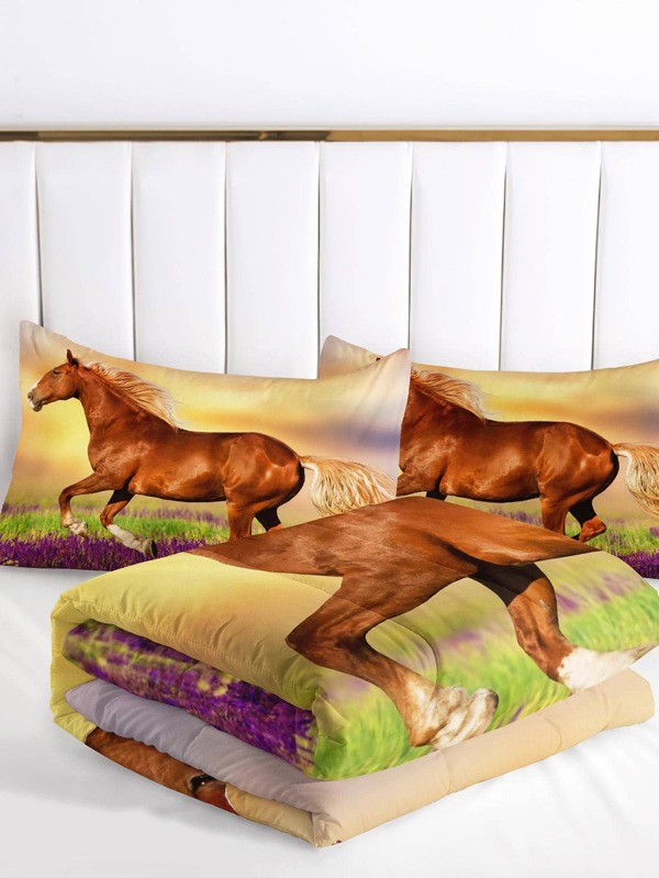 Horse Comforter,Horses Running in The Sunset Comforter Set for Kids