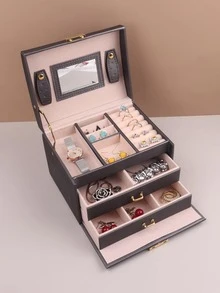 1pc Jewelry Organizer Storage Case, Classic Multi-layer Jewelry Storage Box For Home - Grey - View 7