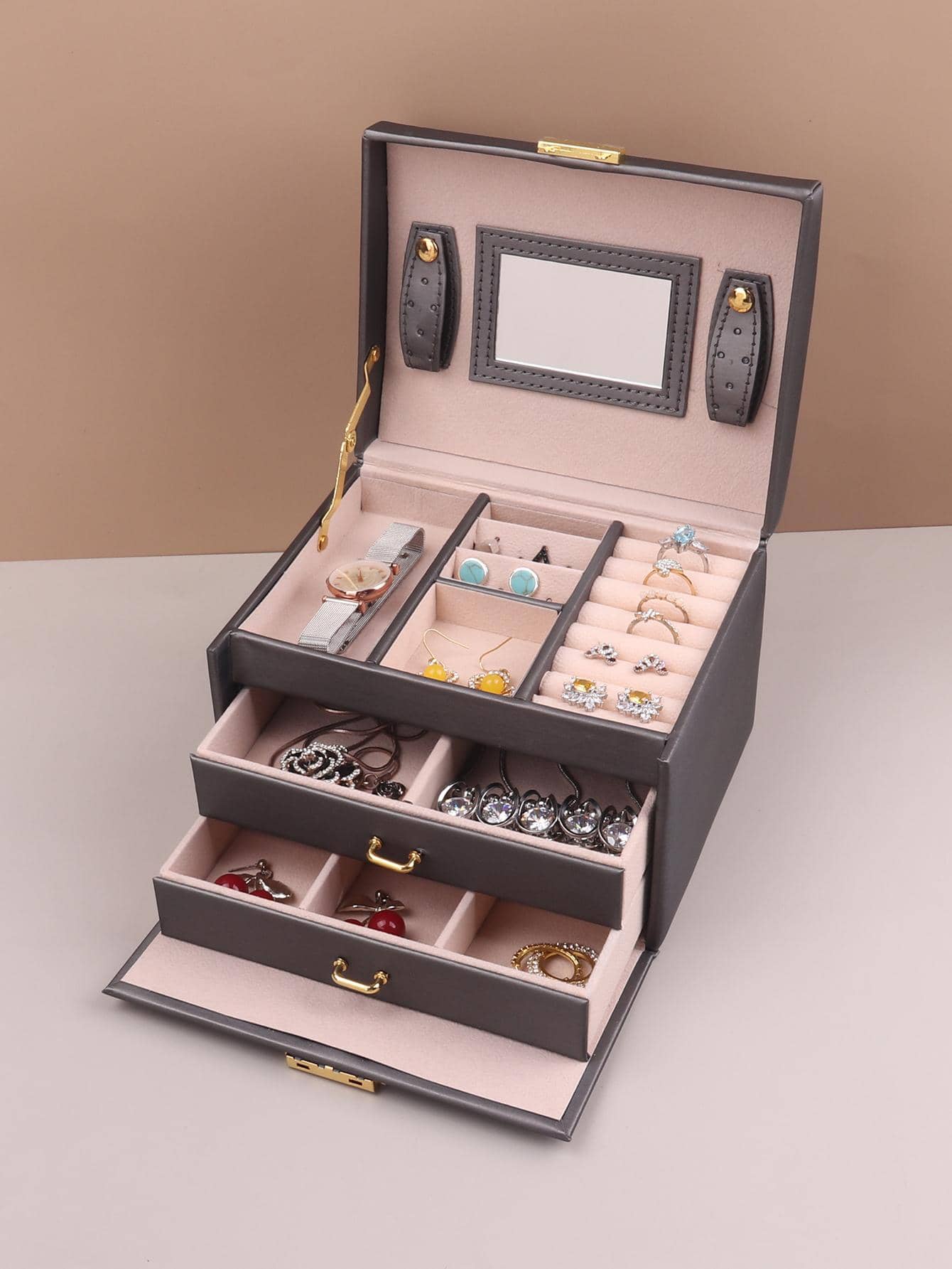 1pc Jewelry Organizer Storage Case, Classic Multi-layer Jewelry Storage Box For Home - Grey - View 1