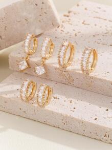 Hihho 3pairs/set Cubic Zirconia Decor Earrings - Yellow Gold - View 2