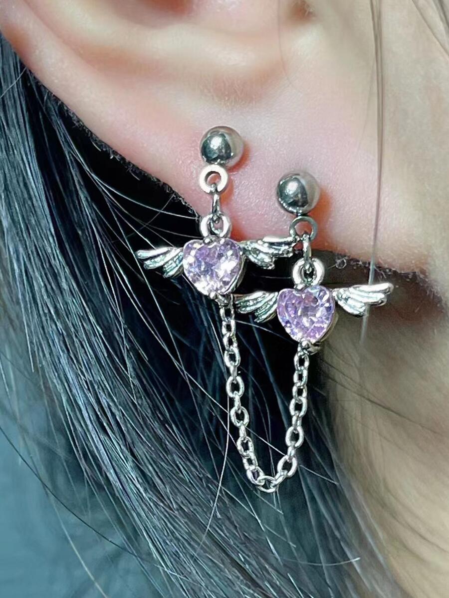 1pc Wing & Heart Decor Earring - Baby Pink - View 1