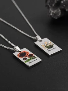 Floral Pattern Rectangle Pendant Necklace Simple & Stylish Popular Fashionable Elegant Jewelry Gift For Men