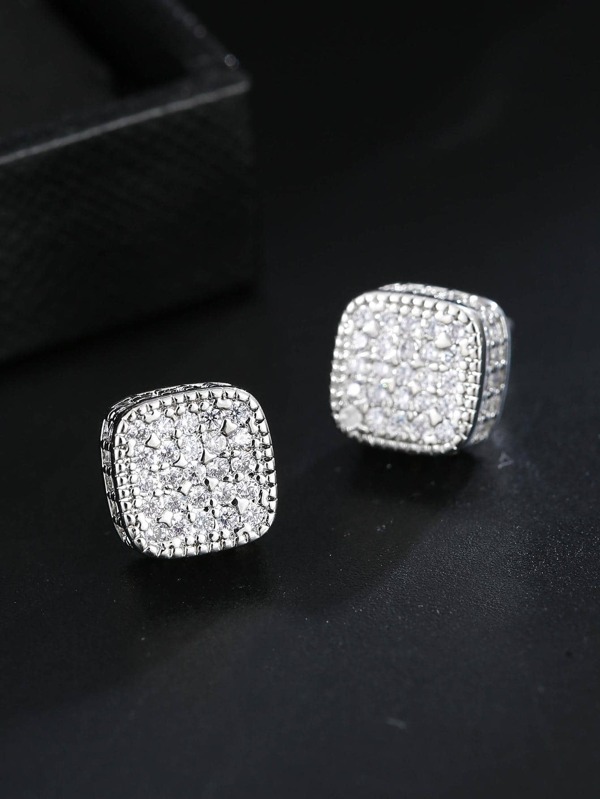 Men Cubic Zirconia Decor Square Stud Earrings, For Jewelry Gift And Party