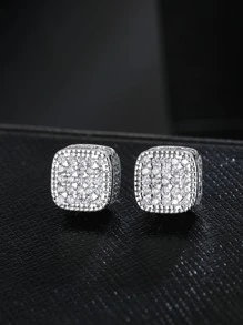 Men Cubic Zirconia Decor Square Stud Earrings, For Jewelry Gift And Party - White - View 2