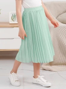 女孩素色百褶半身裙 - 薄荷綠 - 查看 3