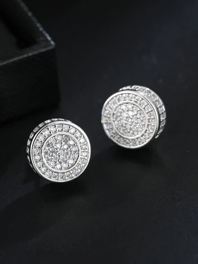 Men Cubic Zirconia Decor Round Stud Earrings, For Jewelry Gift And Party