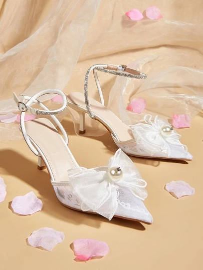 Women Faux Pearl & Bow Decor Point Toe Ankle Strap Pumps, Fashion White Mesh Pumps
