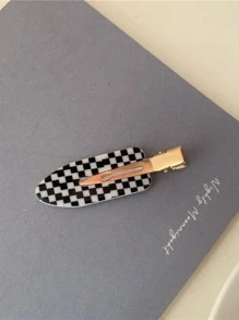 2pcs Women Checkered Pattern Fashionable Alligator Hair Clip For Hair Decoration Street Claw Clips Hair Claws Hair Barrettes, School Stuff, Hair Accessories, Head Accessories - Black and White - View 5