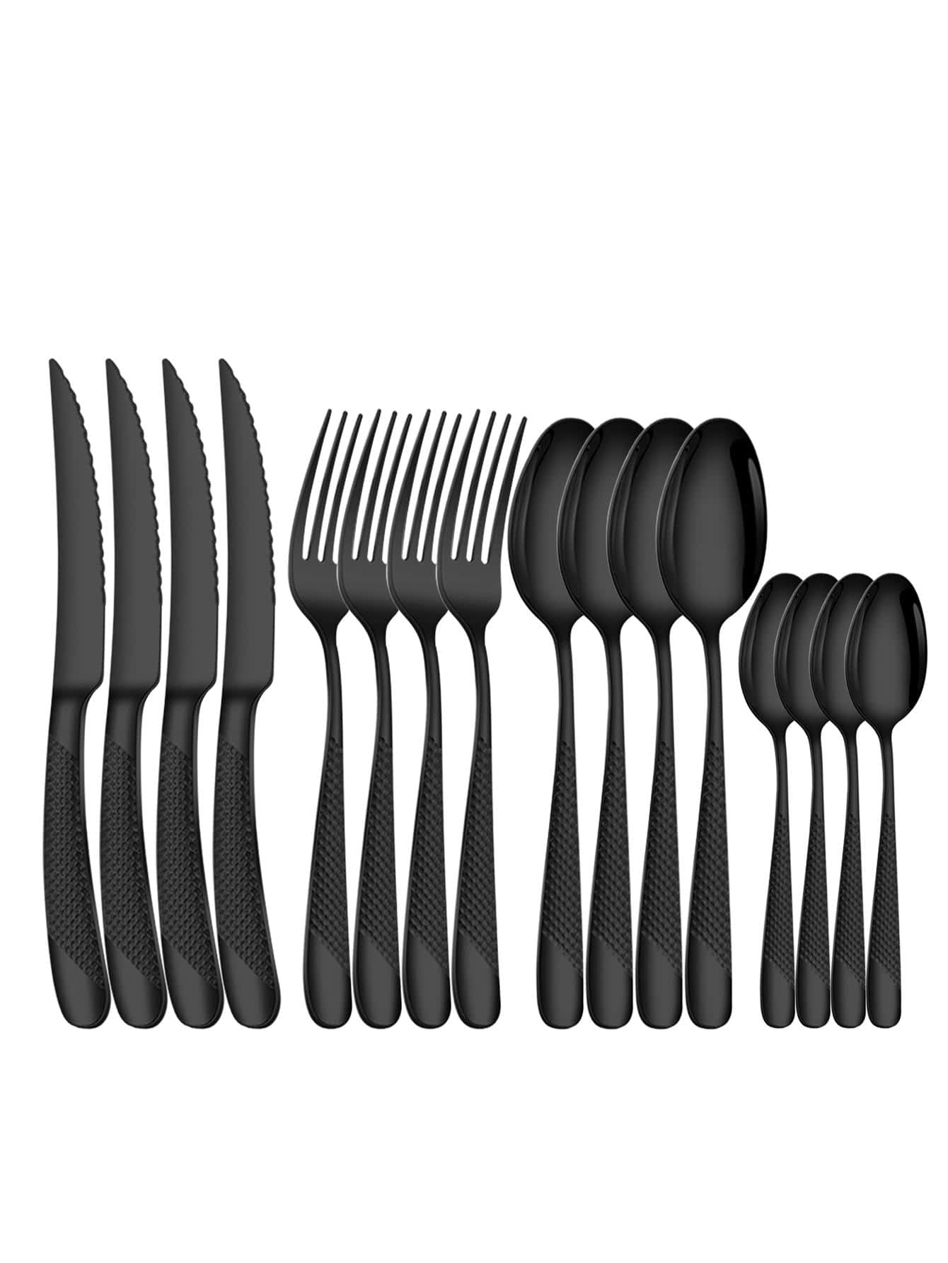 16入組不銹鋼刀具日常素色紋理質感餐具餐具套裝適用於酒店 - 黑色 - 查看 1