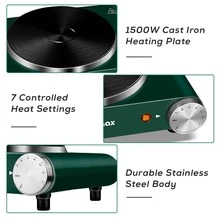 Cusimax 1500W Electric Single Hot Plate Cooktop,Stainless Steel Countertop Burner With Temperature Control,Portable Cast Iron Electric Stove,Great For RV/Home/Camping,Easy To Clean - Army Green - View 6
