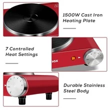 Cusimax 1500W Electric Single Hot Plate Cooktop,Stainless Steel Countertop Burner With Temperature Control,Portable Cast Iron Electric Stove,Great For RV/Home/Camping,Easy To Clean - Red - View 6
