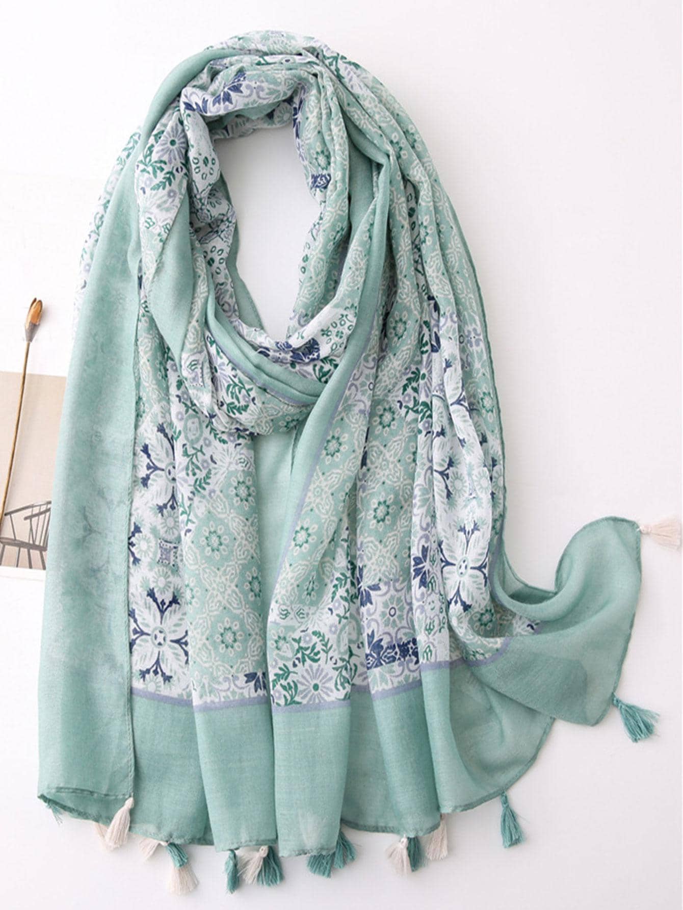 印花流蘇裝飾圍巾 - 彩色 - 查看 1