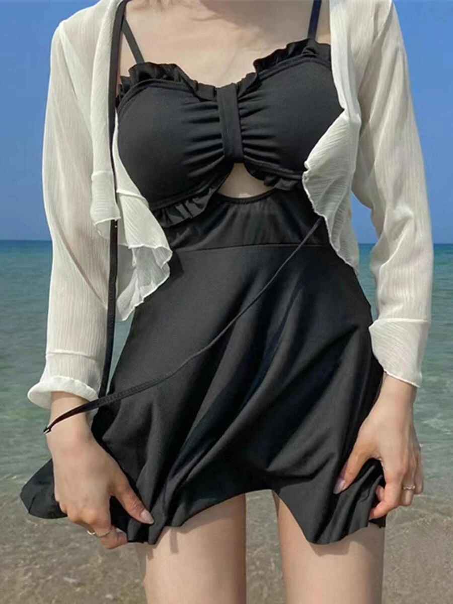 Frill Trim Cut Out One Piece Swimsuit & Solid Kimono - Black - View 1