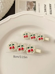 2 chiếc kẹp tóc cá sấu trang trí bằng ngọc trai giả và quả anh đào cho ngày lễ tình nhân - Màu be - Xem 3